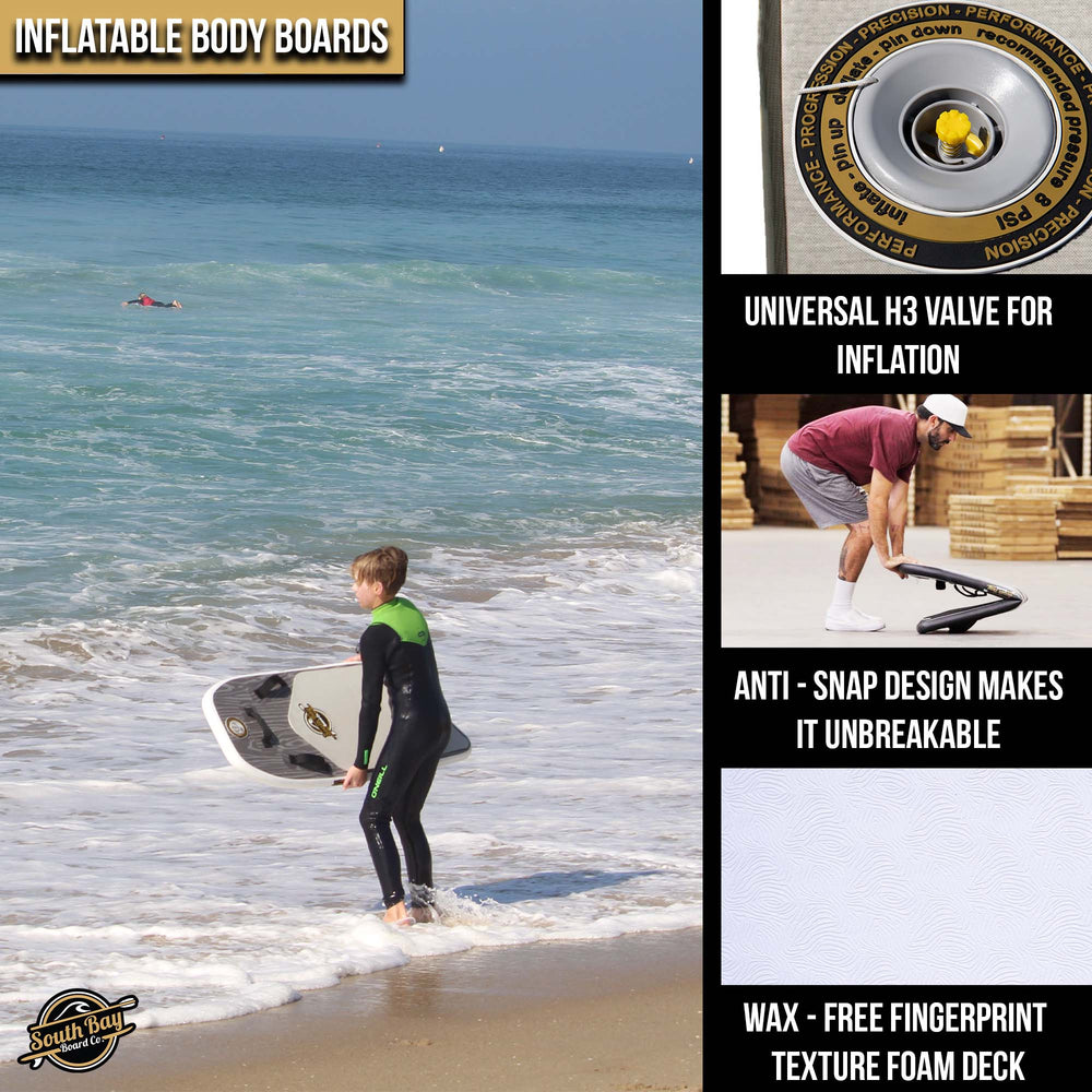 46” Squid Inflatable Bodyboard with Fins - Un-Snappable Boogie Board - Best Body Board for Kids & Adults - Durable, PVC Shell with Drop-Stitch - Grey - Infographics