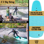 5'5 Big Betsy - Hybrid Surfboards - Wax-Free Soft-Top Surfboard + Hard Epoxy Bottom Deck - Patented Heat Damage Prevention System - Aqua - Infographic