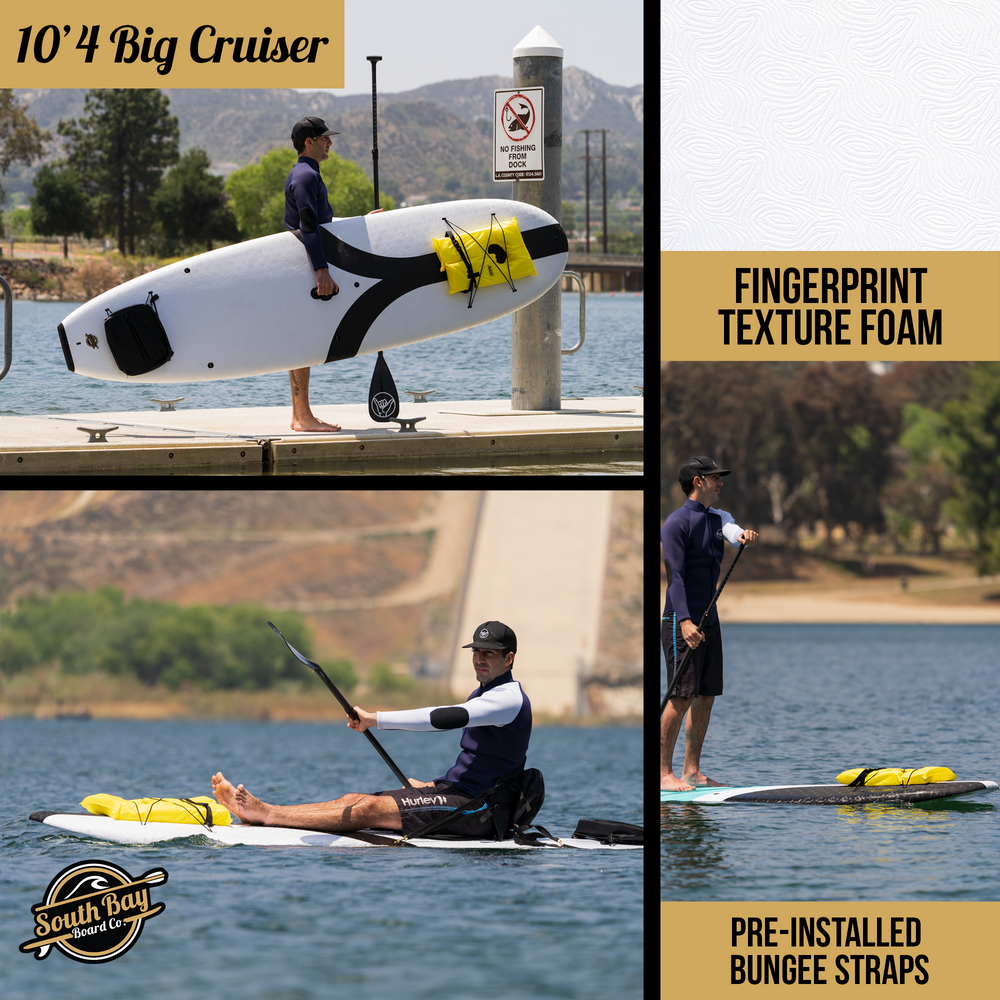 10’4 Big Cruiser Stand Up Paddle Board Package - Wax-Free Soft-Top Paddle Board, Kayak Seat, Paddle, Leash, _ Fins - Best Beginner SUP Package for Adults - White - Infographics