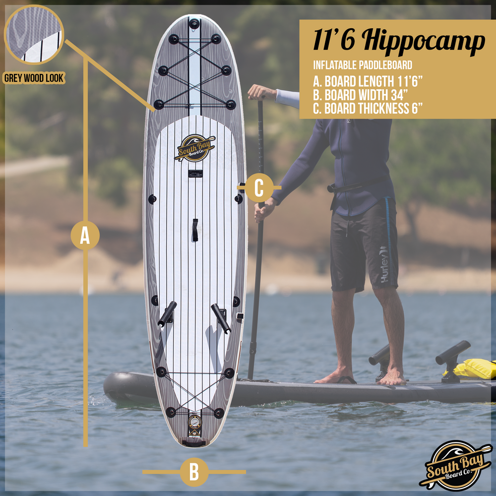 11’6 Hippocamp Inflatable Stand Up Paddle Board - Premium ISUP All-In-One Package Includes All The Best Extras - Military Grade PVC Frame, Heat Bonded Rails - Gray - Size and Dimension