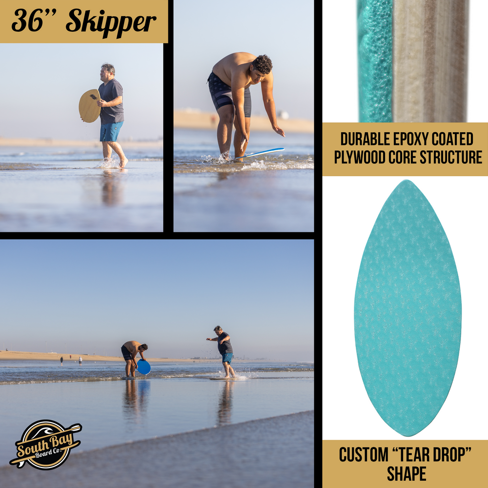 36” Skipper Skimboard - Beginners Skim Board for Kids - Durable, Lightweight Wood Body with Wax-Free Textured Foam Top Deck - Tear Drop Shape - Aqua - Infographics