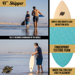 41'' Skipper Skimboard - Beginners Skim Board for Kids - Durable, Lightweight Wood Body with Wax-Free Textured Foam Top Deck -Tear Drop Shape - Aqua - Infographics