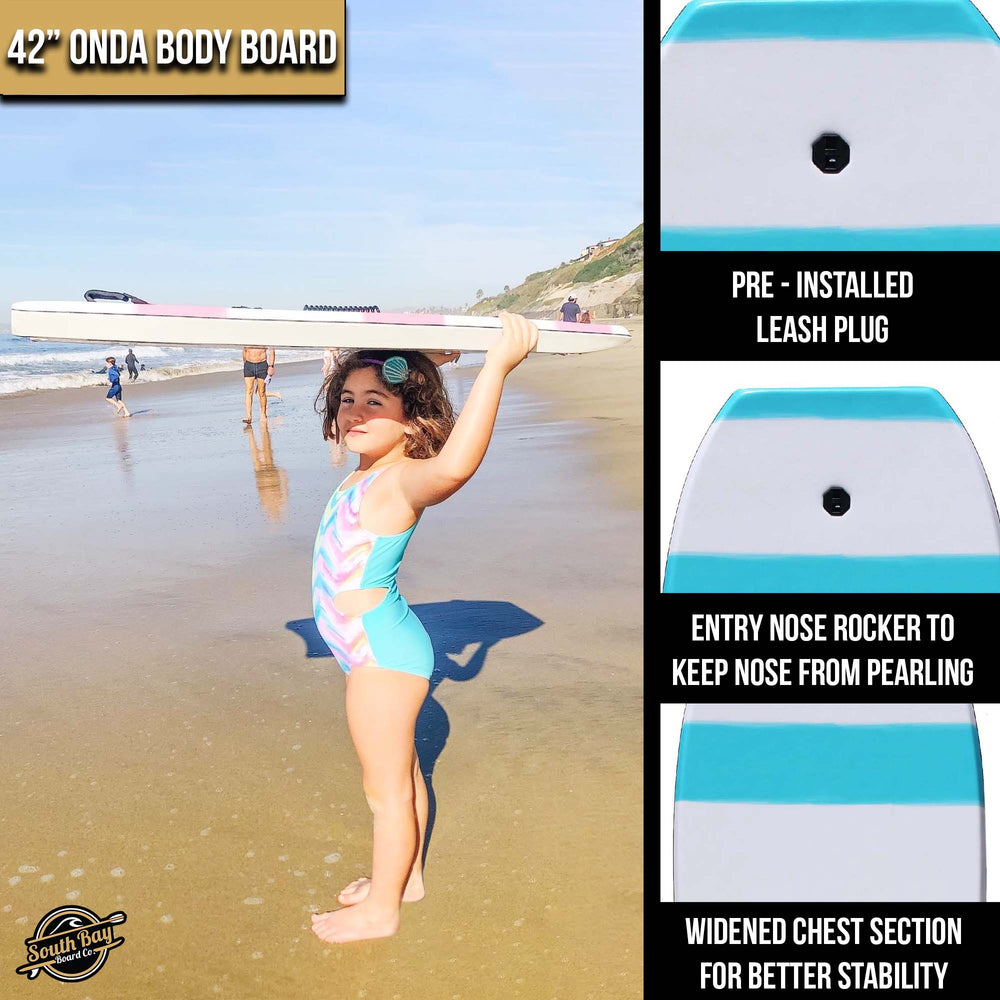 42" Onda Bodyboard - Beginners Body Board for Kids - Durable, Lightweight EPS Core - HDPE Impact Netting Plastic Bottom Deck - Blue - Infographic
