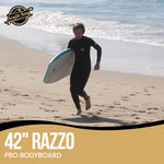 42" Razzo Bodyboard - Best Premium Body Board for Kids & Adults - Durable, Lightweight EPS Core - Smooth EVA Foam Top Deck & HDPE Plastic Bottom Deck - Aqua - Lifestyle