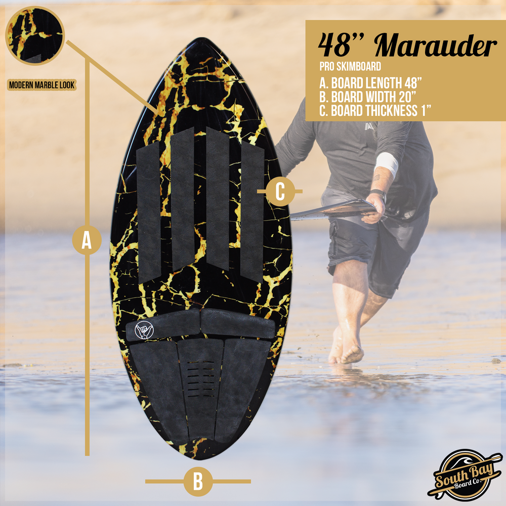 48'' Marauder Pro Skimboard - Best Performance Skimboards for Kids _ Adults - Durable Poly Compressed Fiberglassed Body, Wax-Free Foam Top Deck Traction - Black  - Size