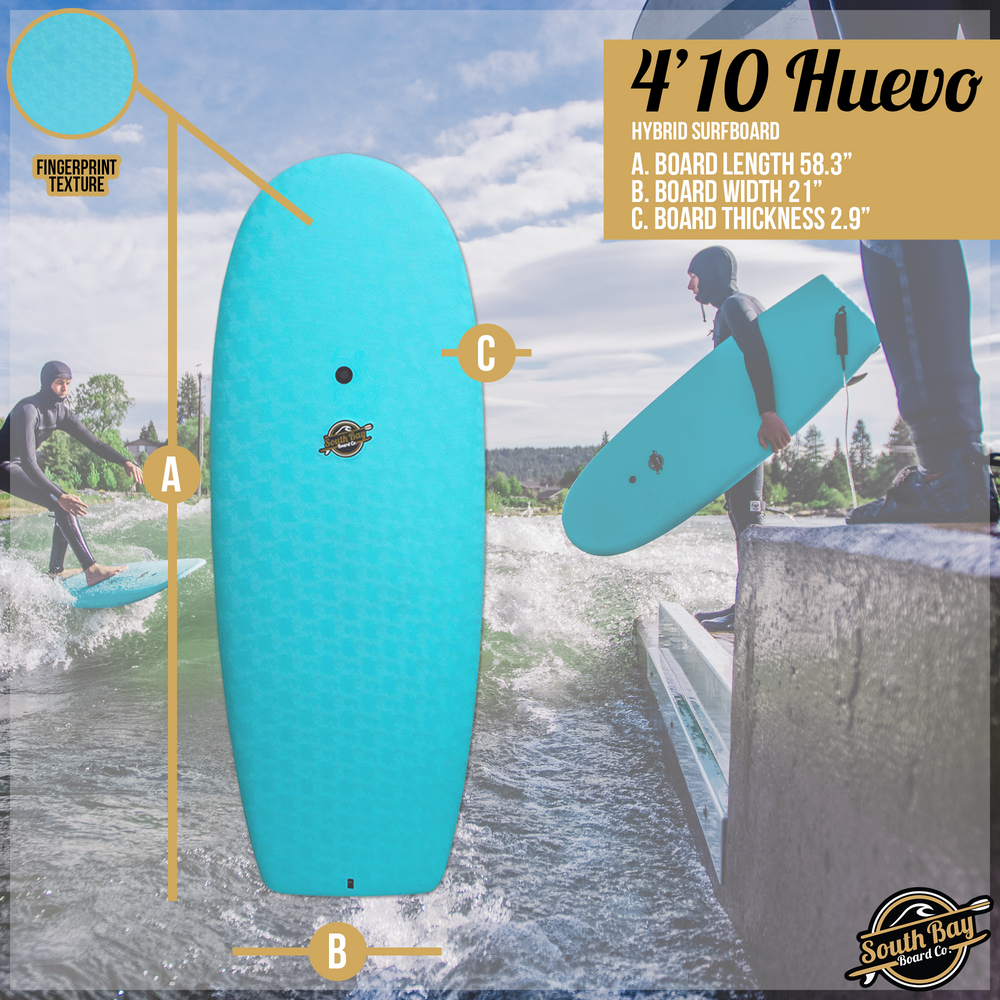 4'10 Hybrid Surfboards - Wax-Free Soft-Top Surfboard + Hard Epoxy Bottom Deck - Patented Heat Damage Prevention System - Aqua - Size and Dimension