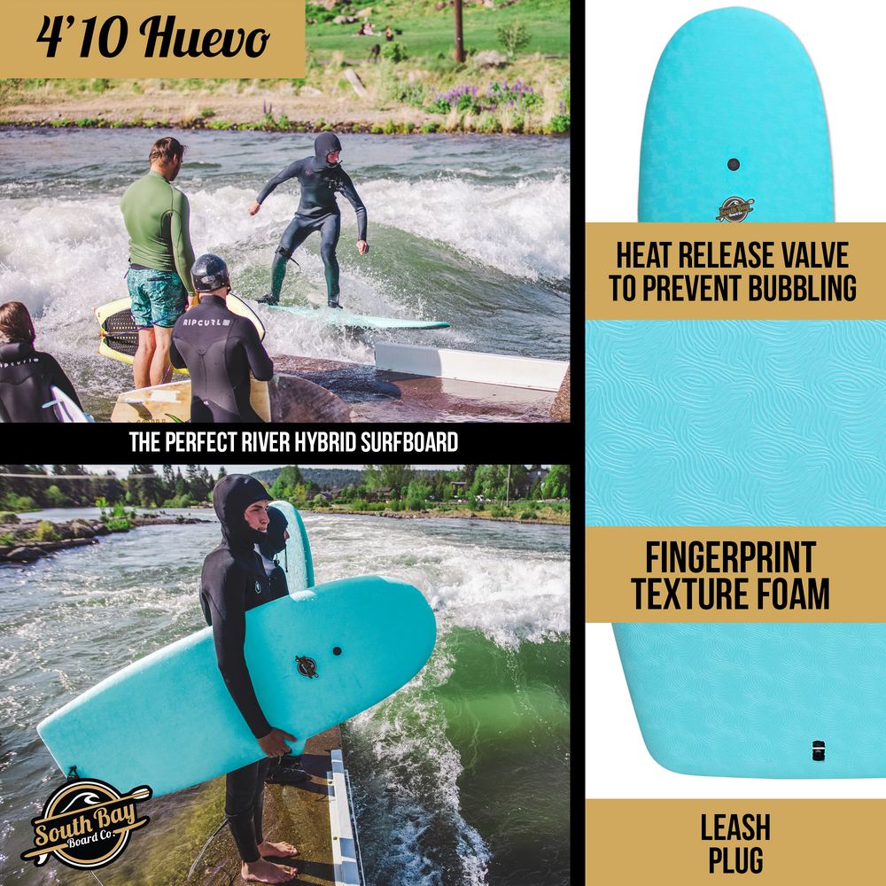 4'10 Hybrid Surfboards - Wax-Free Soft-Top Surfboard + Hard Epoxy Bottom Deck - Patented Heat Damage Prevention System - Aqua -Infographic