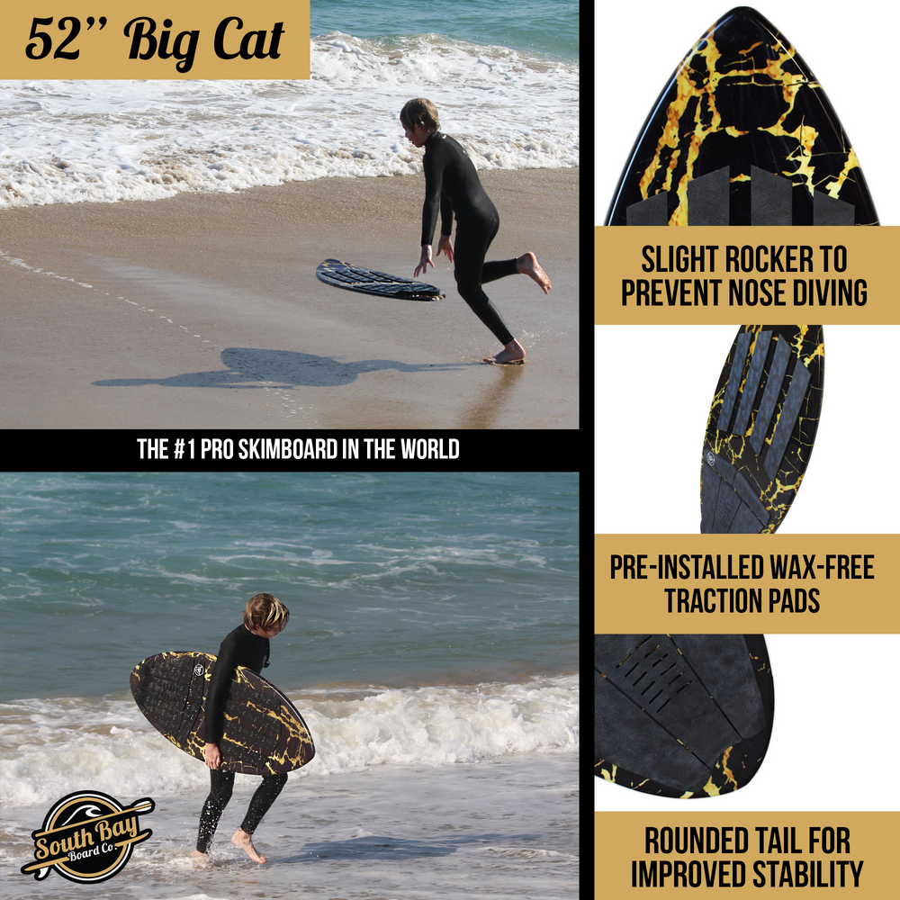 52'' Big Cat Pro Skimboard - Best Performance Skimboards for Kids _ Adults - Durable Poly Compressed Fiberglassed Body, Wax-Free Foam Top Deck Traction - Black - Infographics