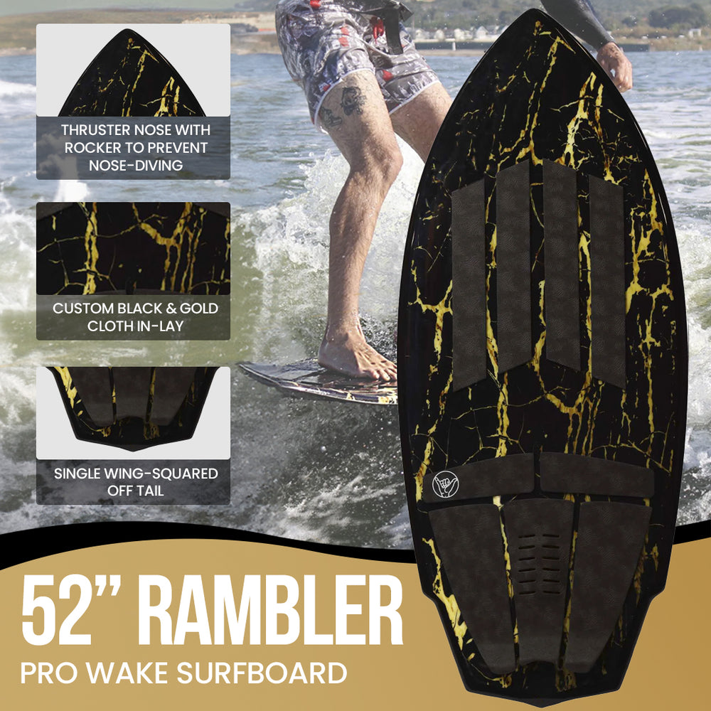  52" Rambler Wakesurf Board - Best Performance Wake Surfboards for Kids & Adults - Durable Compressed Fiberglassed Wake Surf Board - Pre-Installed Wax-Free Foam Traction - Black - Infographics