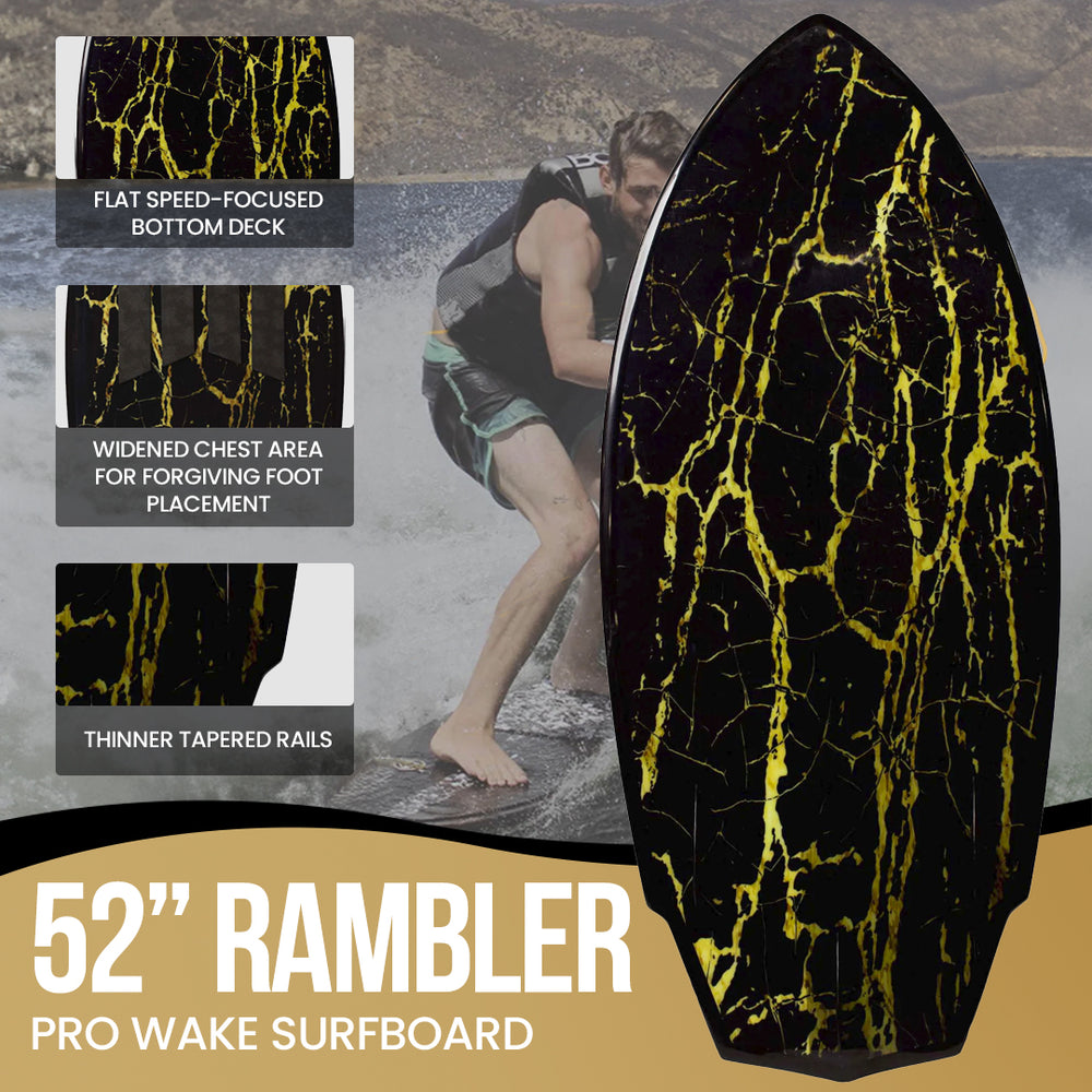  52" Rambler Wakesurf Board - Best Performance Wake Surfboards for Kids & Adults - Durable Compressed Fiberglassed Wake Surf Board - Pre-Installed Wax-Free Foam Traction - Black - Infographics