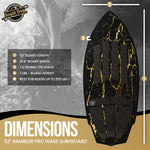  52" Rambler Wakesurf Board - Best Performance Wake Surfboards for Kids & Adults - Durable Compressed Fiberglassed Wake Surf Board - Pre-Installed Wax-Free Foam Traction - Black - Size and Dimension