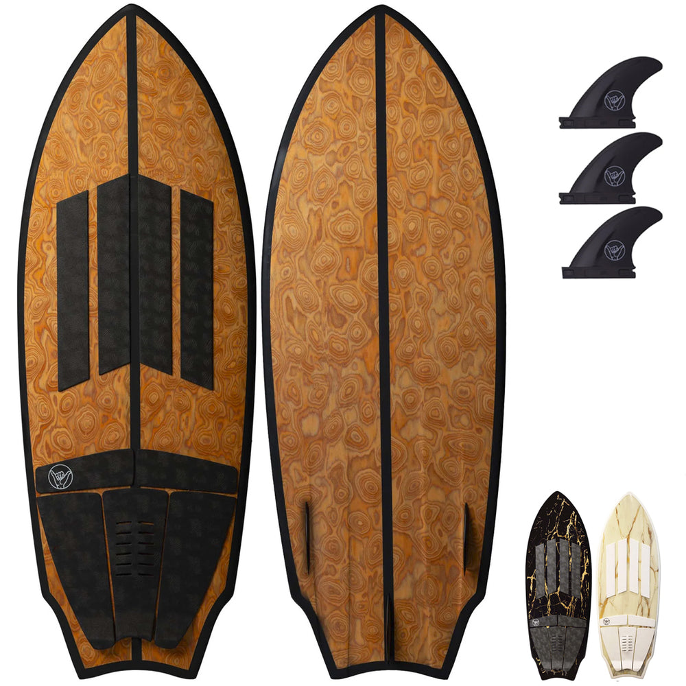 54" Baby Beef Wakesurf Board - Best Performance Wake Surfboards for Kids & Adults - Durable Compressed Fiberglassed Wake Surf Board - Pre-Installed Wax-Free Foam Traction - Cherry burl Wood- Main Image