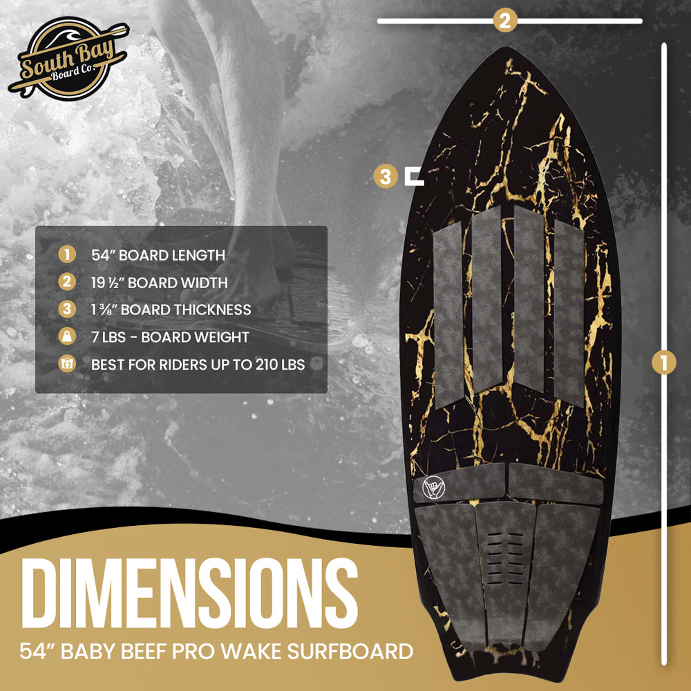 54" Baby Beef Wakesurf Board - Best Performance Wake Surfboards for Kids & Adults - Durable Compressed Fiberglassed Wake Surf Board - Pre-Installed Wax-Free Foam Traction - Black - Size and Dimension