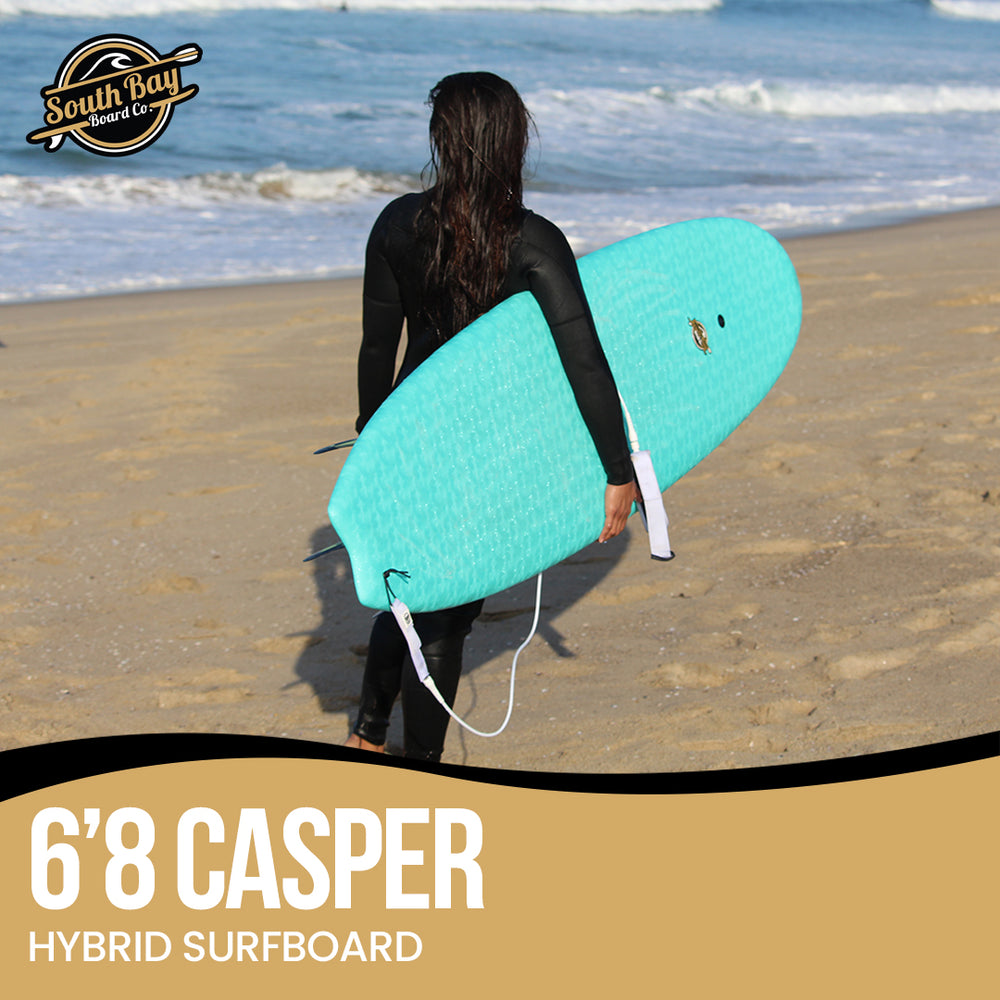 6'8 Casper Hybrid Surfboards - Wax-Free Soft-Top Surfboard + Hard Epoxy Bottom Deck - Patented Heat Damage Prevention System -  Blue - LIfestyle