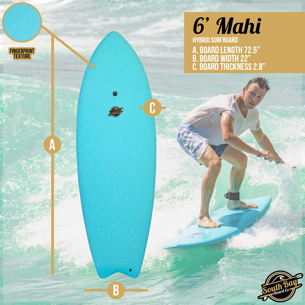 6' Mahi Hybrid Surfboards - Wax-Free Soft-Top Surfboard + Hard Epoxy Bottom Deck - Patented Heat Damage Prevention System - Blue - Size
