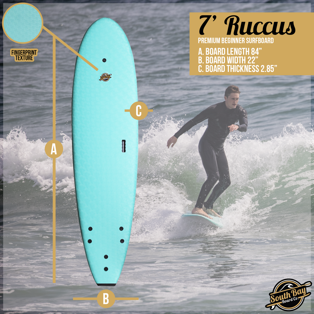 7' Ruccus Beginner Surfboards - Soft Top Surfboard - Aqua - Size and Dimensions