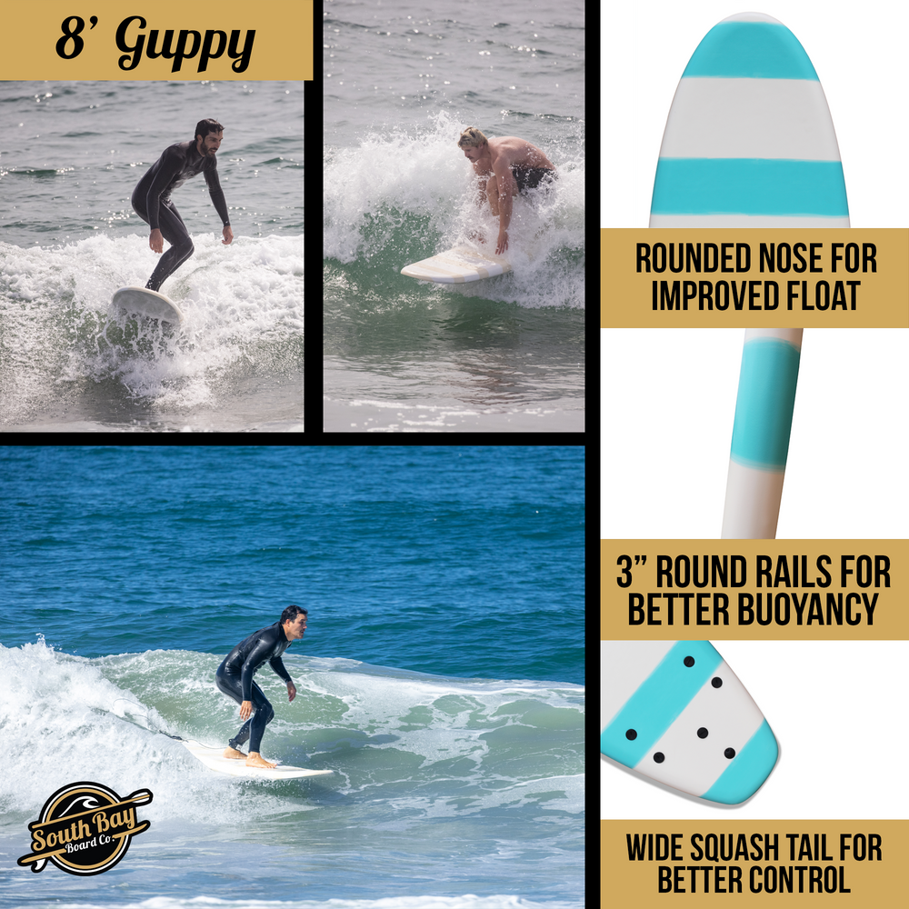 8' Guppy Beginner Surfboards - Safe Soft-Top Surfboards - Best Beginner Surfboards for Kids & Adults - Blue  - Infographic