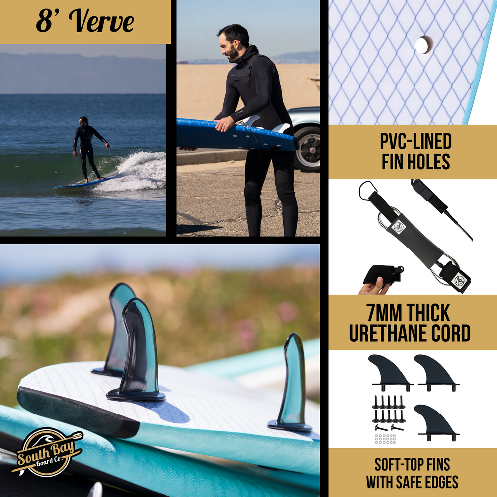 8' Verve - Beginner Surfboard - Soft Top Surfboard For Kids - Surfboard for Adults - Aqua  - Infographic