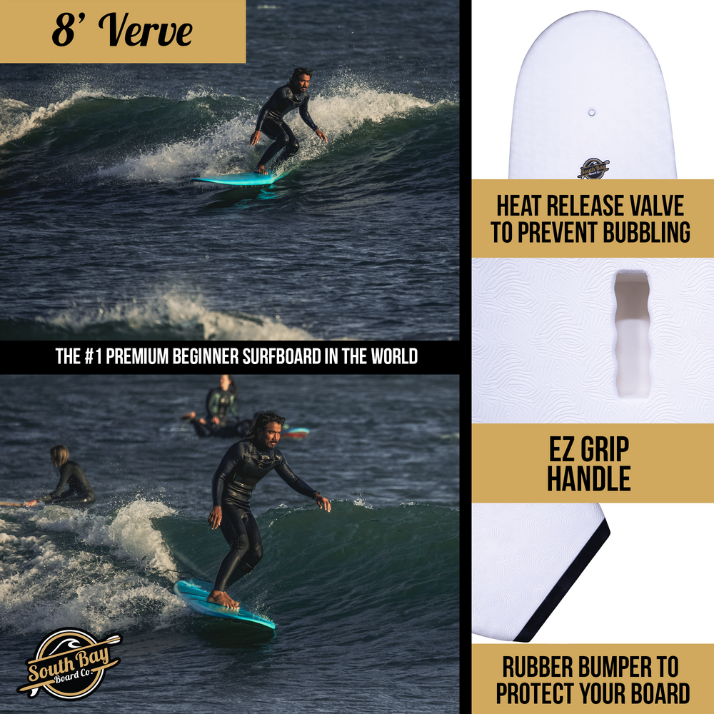 8' Verve - Beginner Surfboard - Soft Top Surfboard For Kids - Surfboard for Adults - Aqua - Infographic