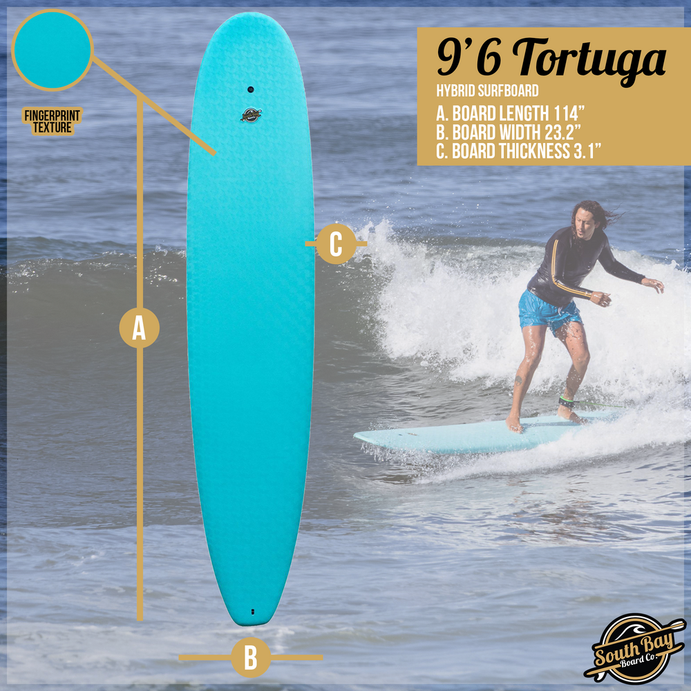 9'6 Tortuga Hybrid Surfboards - Wax-Free Soft-Top Surfboard + Hard Epoxy Bottom Deck - Patented Heat Damage Prevention System - Aqua - Size