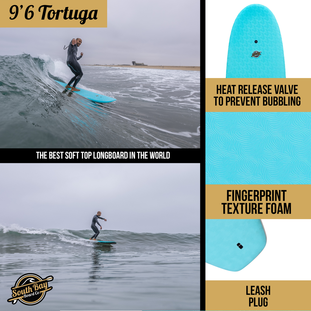 9'6 Tortuga Hybrid Surfboards - Wax-Free Soft-Top Surfboard + Hard Epoxy Bottom Deck - Patented Heat Damage Prevention System - Aqua - Infographics