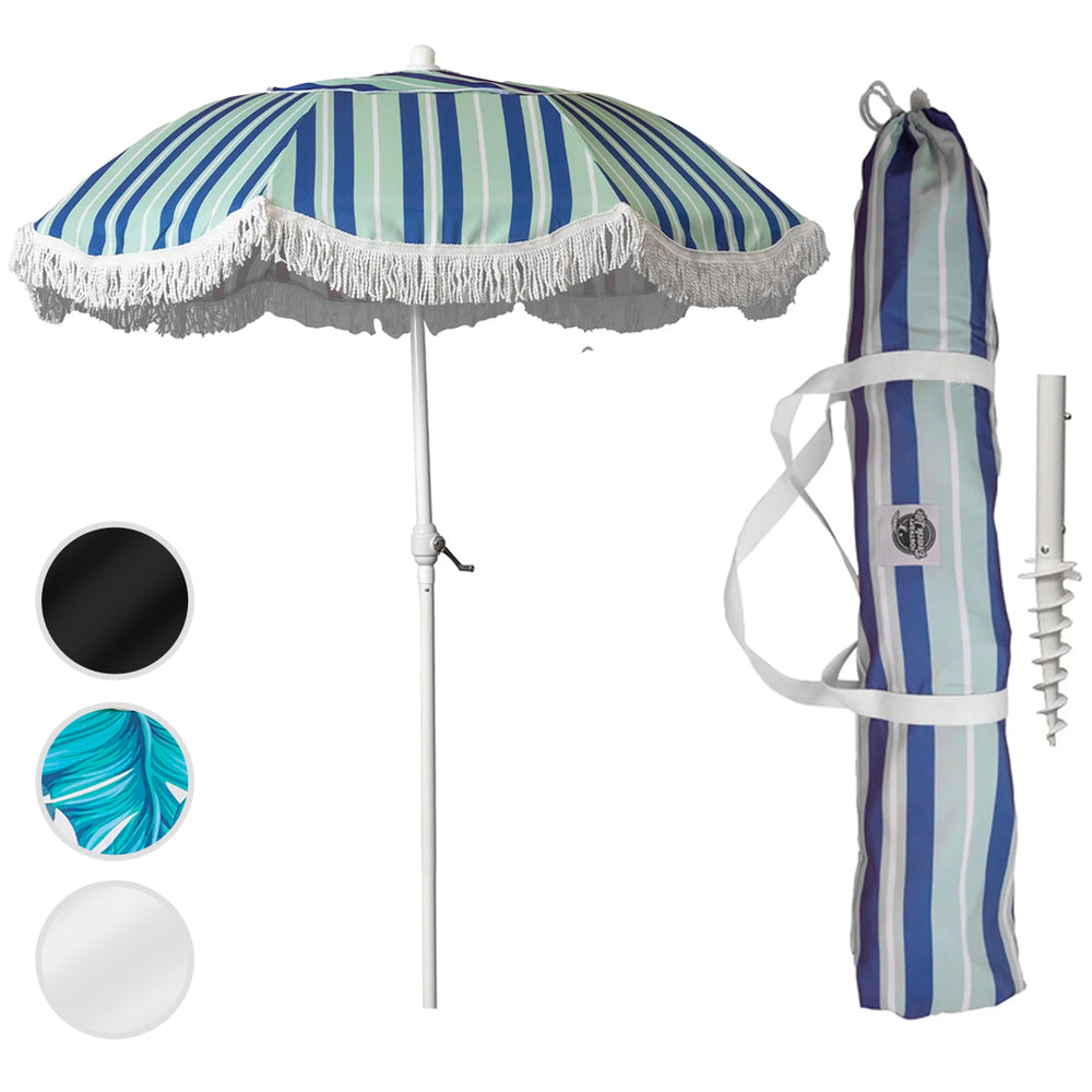  South Bay Beach Life™ - Large, Luxury Aluminum Beach Umbrellas - Beach & Patio Umbrella with Custom Sand Anchor Versatility for Family/Friends - Flowing Tassels - UPF 50+ UV Protection - Include Carry Bags - Stripes- Main Image
