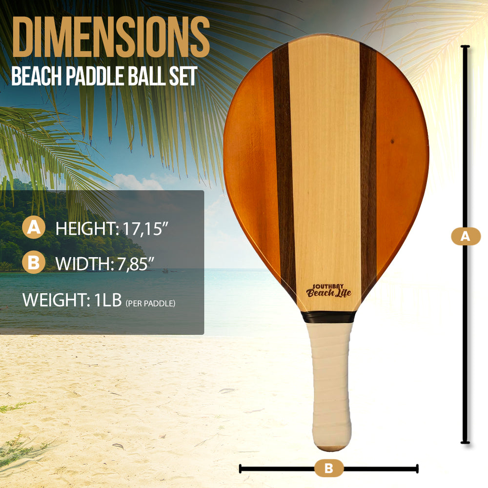 South Bay Beach Life™ - Luxury Wood Beach Paddle Ball Set - 2 Teak Wood Paddle Rackets, 2 White Beach Paddleballs, and 1 Carry Bag -  2 - Size