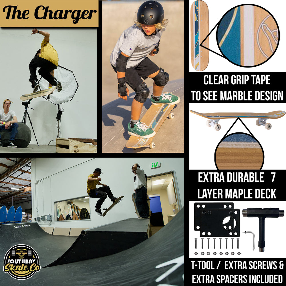 The Charger - Aqua/Gold - Traditional Trick Skateboards